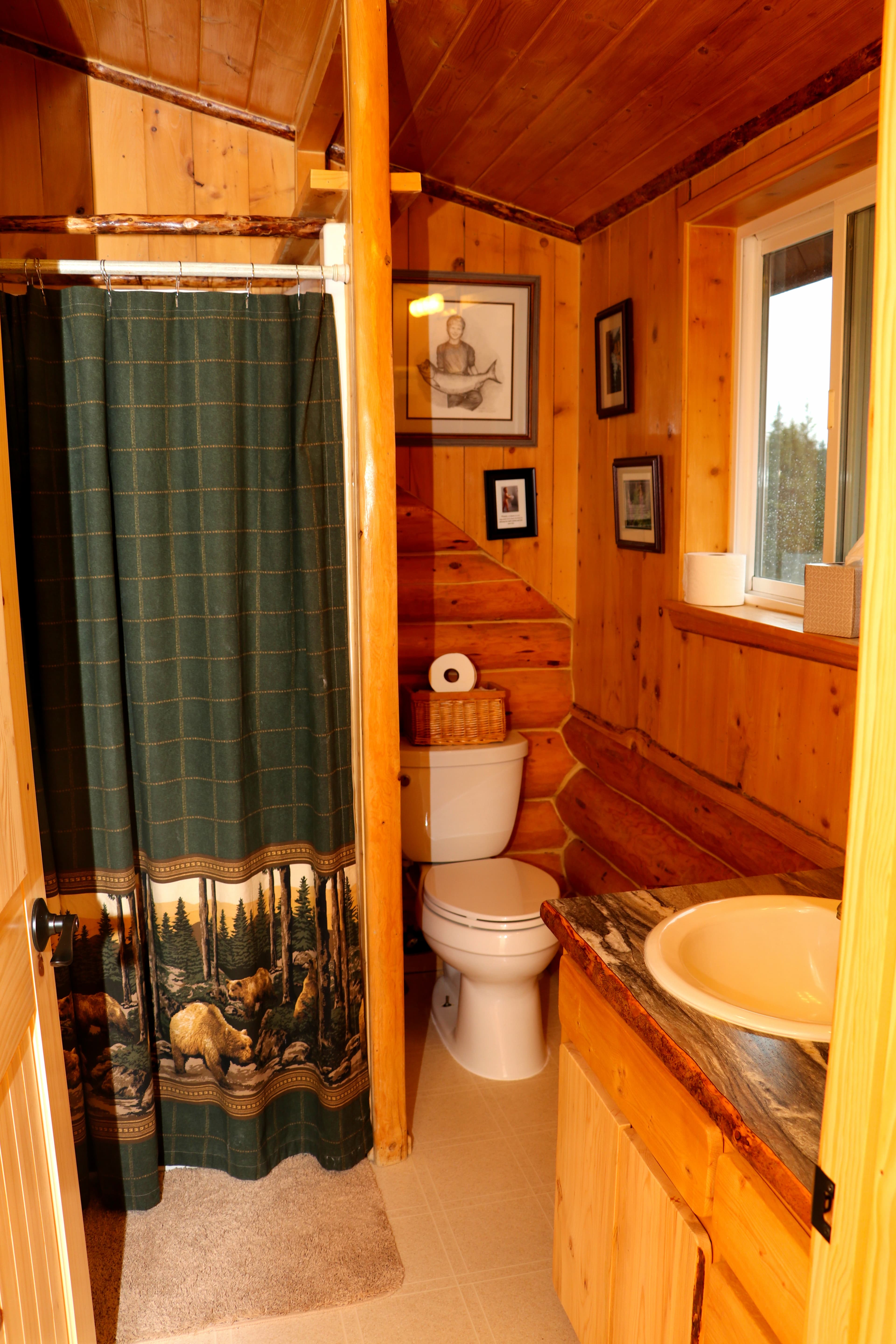 2nd floor rustic bathroom with shower, toilet, and vanity with sink.
