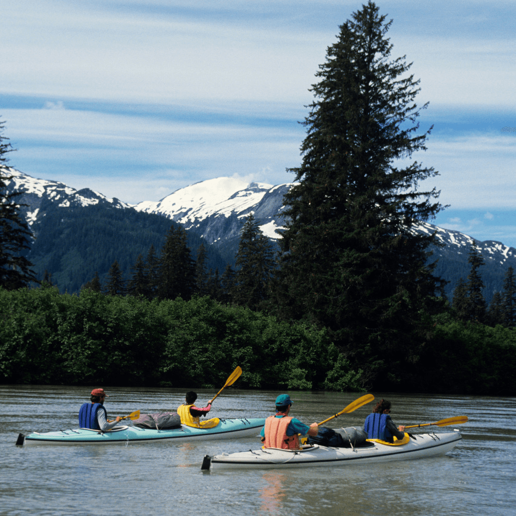 Four kayakers paddle on a serene river surrounded by lush greenery and snow-capped mountains.